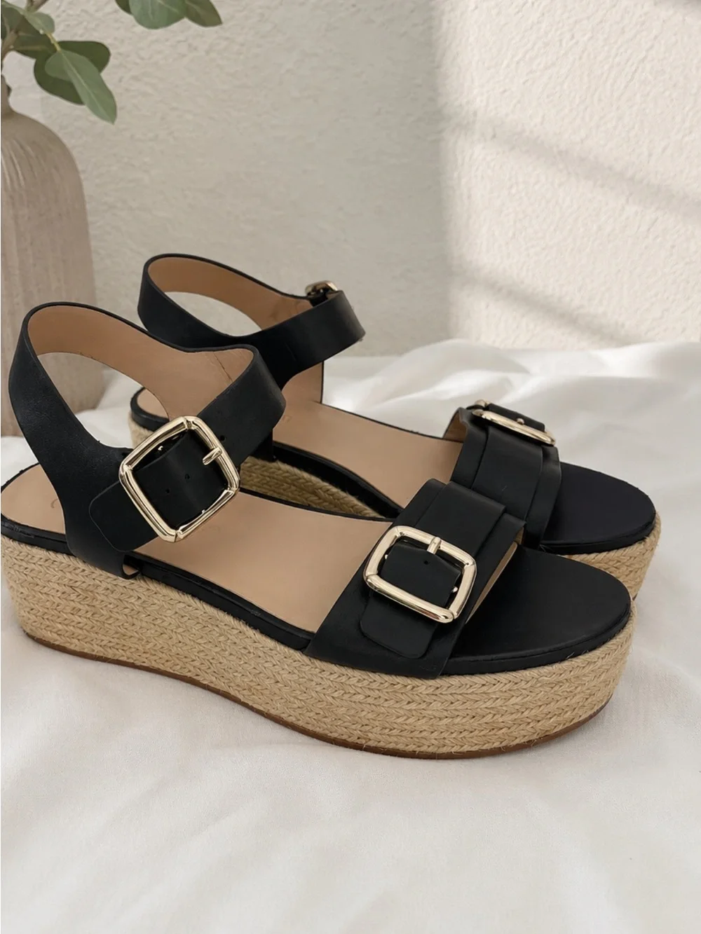 27 EDIT Black Platform Espadrille Sandals with Gold Buckles